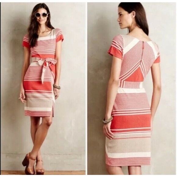 Anthropologie Dresses & Skirts - ANTHROPOLOGIE LILKA Sorella Red Tan White Crew Striped Bodycon Casual Dress M